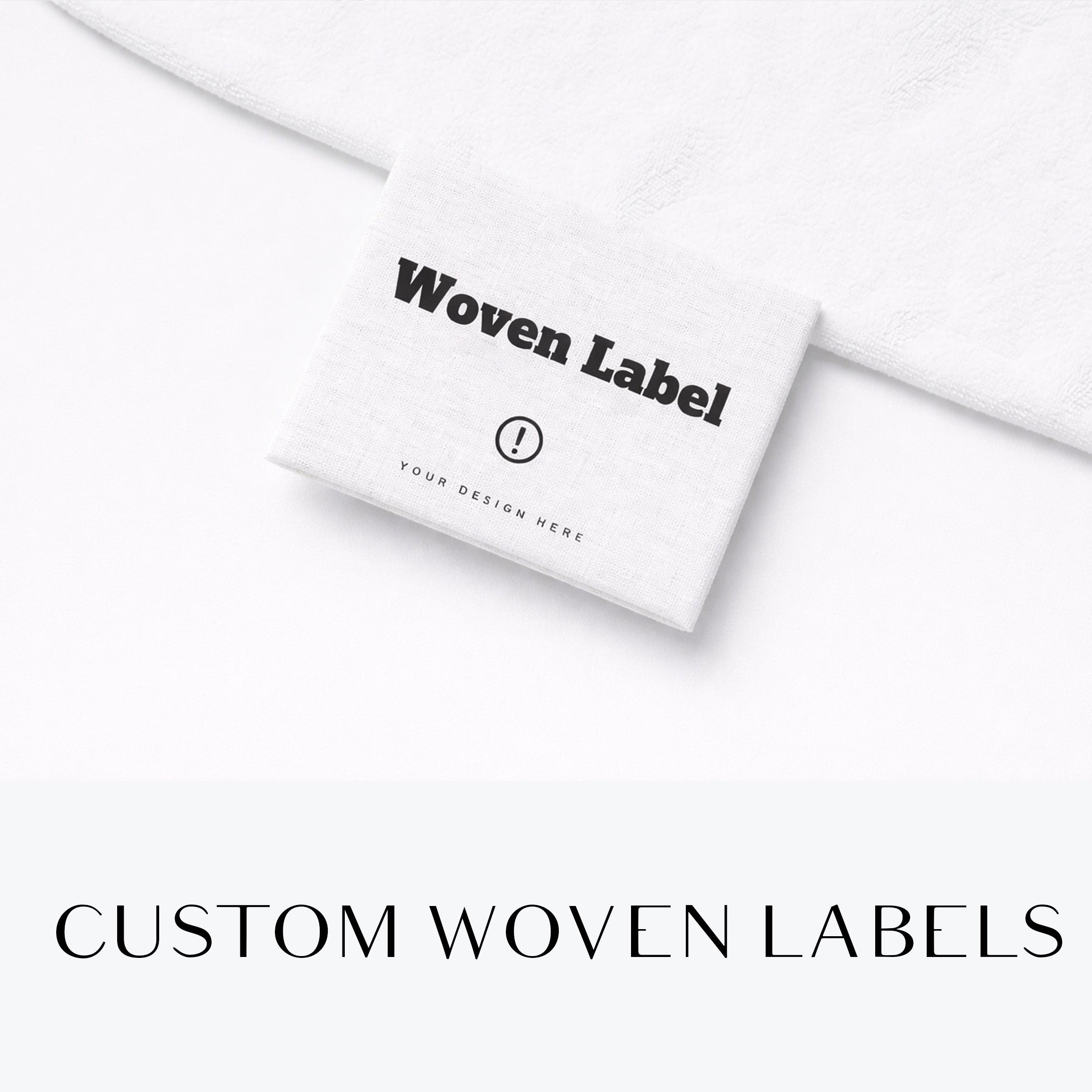 Custom woven label on a white background with text indicating customizable features.