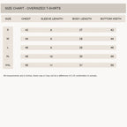Size chart for oversized t-shirts with measurements in inches.