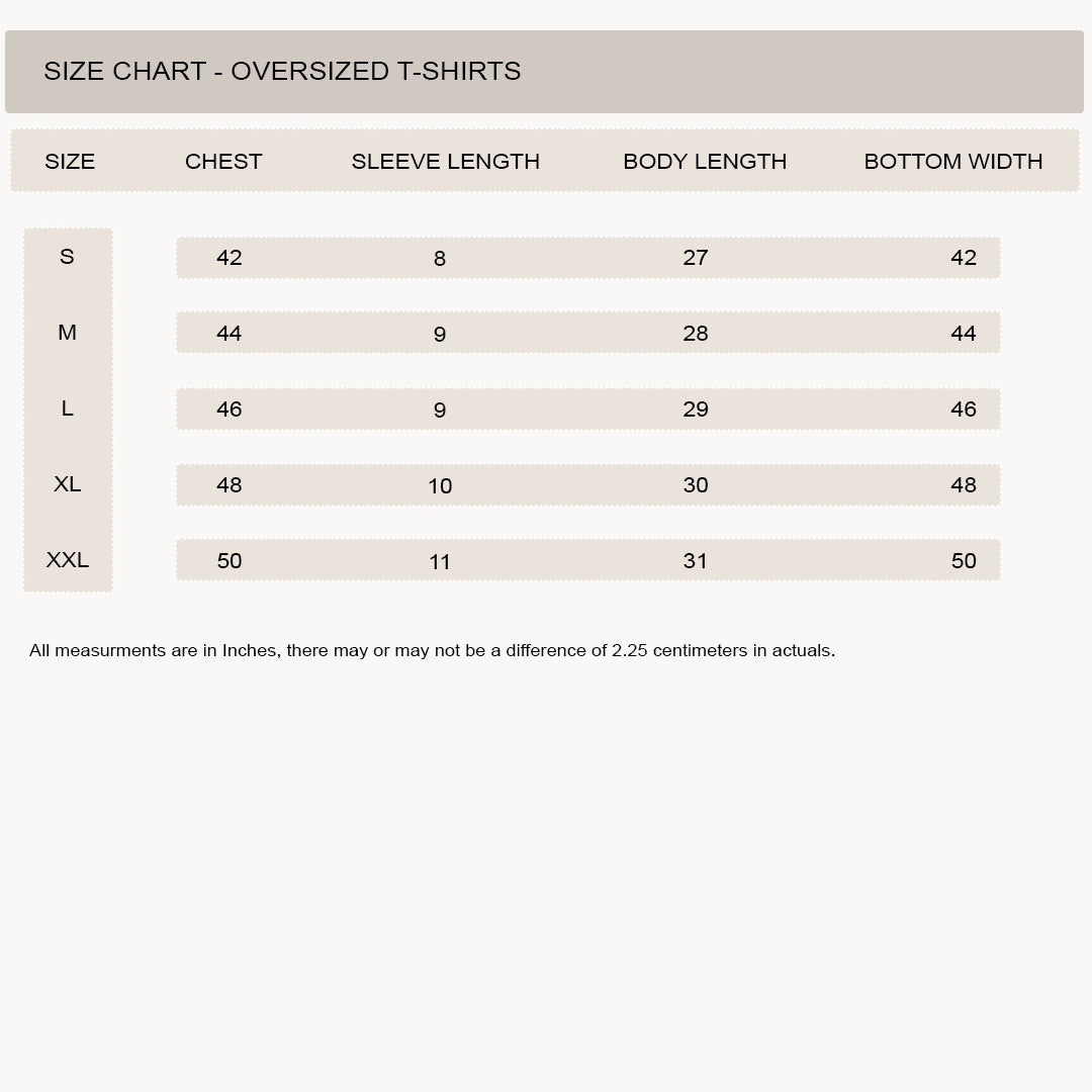 Size chart for oversized t-shirts with measurements in inches.